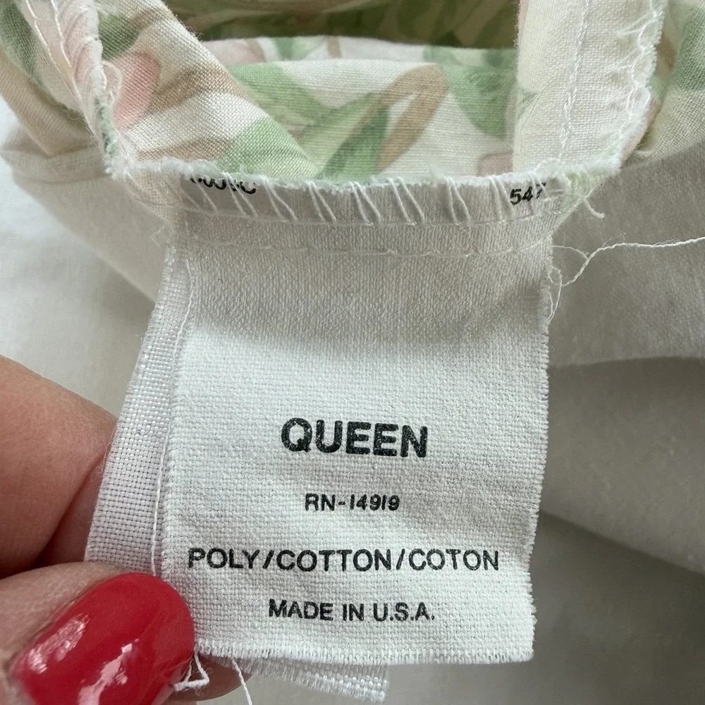 Vintage Floral Bedskirt Queen + 2 Ruffled Shams Pink Green Cottagecore USA